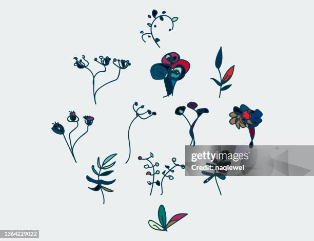 set of hand drawn colors plant branch floral pattern,doodle design elements - cosmo curve stock illustrations