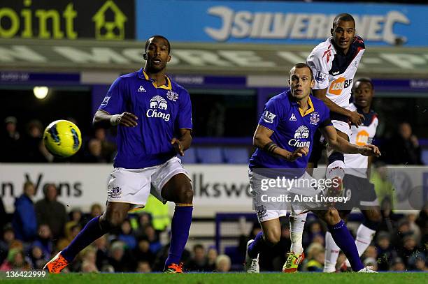 David Ngog of Bolton Wanderers scores his team's first goal during the Barclays Premier League match between Everton and Bolton Wanderers at Goodison...