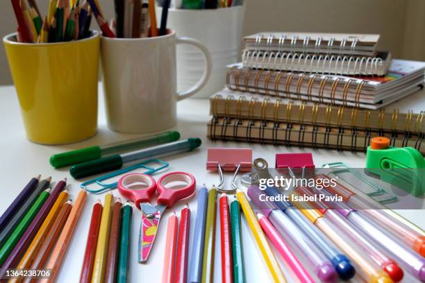 school supplies on desk - school supplies stock pictures, royalty-free photos & images