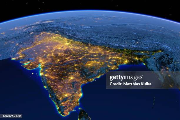 india, night lights on earth with topographical relief - india satellite stock pictures, royalty-free photos & images