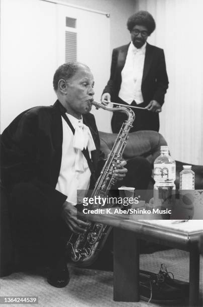 Dexter Gordon Rehearse tenor saxophone & David Baker at Yubin ChokinHall, Yubin Chokin Hall, Tokyo, Japan, 19th September 1988.
