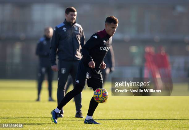 Philippe Coutinho of Aston Villa in action during a training session at Bodymoor Heath training ground on January 12, 2022 in Birmingham, England.