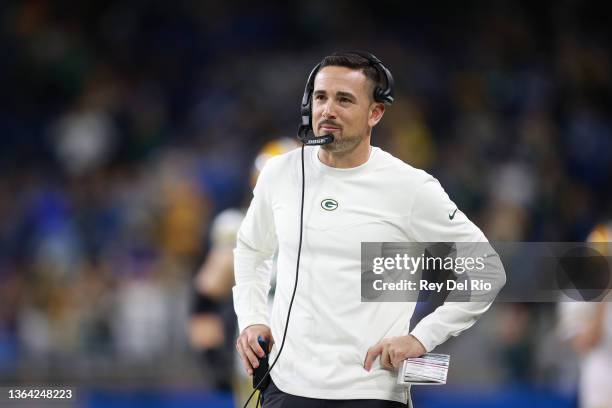 Head coach Matt LaFleur of the Green Bay Packers looks on during the first half against the Detroit Lions at Ford Field on January 09, 2022 in...
