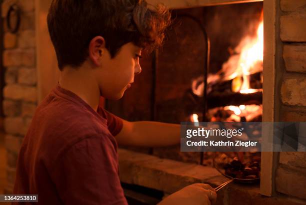 young boy roasting chestnuts at fireplace - camisa castanha imagens e fotografias de stock