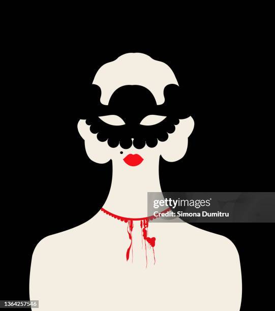illustration of a woman with a bloody neckace and a venetian mask - maschere di carnevale foto e immagini stock