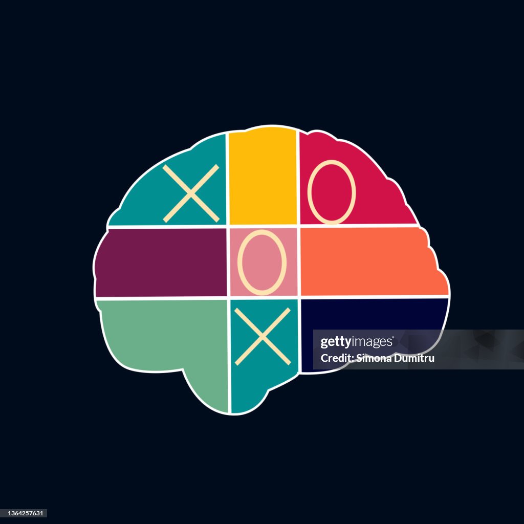 Illustration of a brain with various colorful squares for the idea of a simple game