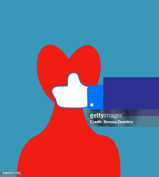 illustration of a person with his head in the shape of a herat and a hand for the facebook symbol - social networking and blogging website twitter foto e immagini stock