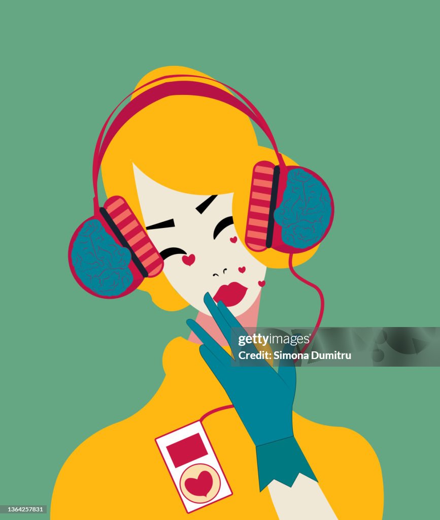 Illustration of agirl listening music with headsets as two brains