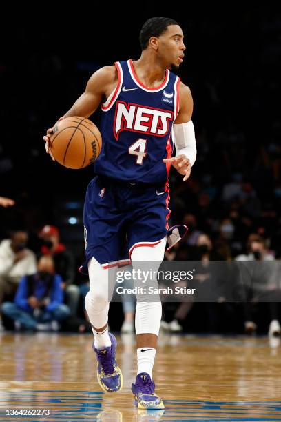 Shaquille Harrison of the Brooklyn Nets dribbles during the second half against the Orlando Magic at Barclays Center on December 18, 2021 in the...