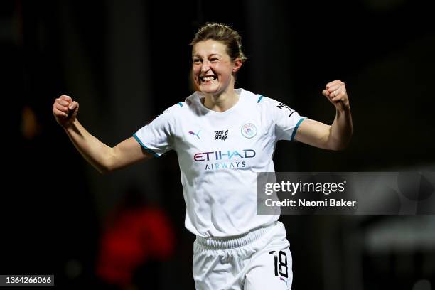 Ellen White of Manchester City Women celebrates after scoring her team's first goal during the FA Women's Continental Tyres League Cup match between...