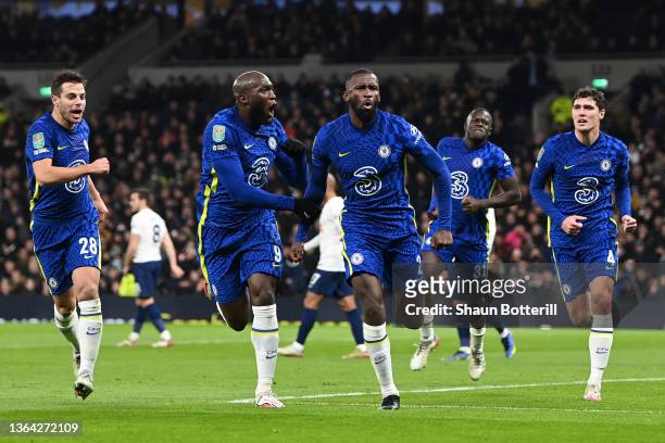 Antonio Ruediger of Chelsea celebrates after scoring their side's first goal during the Carabao Cup Semi Final Second Leg match between Tottenham...