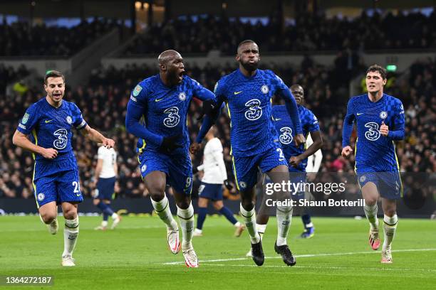 Antonio Ruediger of Chelsea celebrates with Romelu Lukaku after scoring their side's first goal during the Carabao Cup Semi Final Second Leg match...