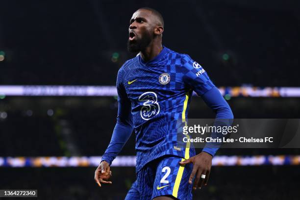 Antonio Ruediger of Chelsea celebrates after scoring their side's first goal during the Carabao Cup Semi Final Second Leg match between Tottenham...