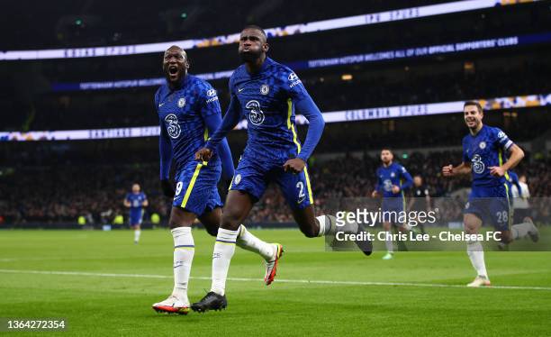 Antonio Ruediger of Chelsea celebrates with Romelu Lukaku after scoring their side's first goal during the Carabao Cup Semi Final Second Leg match...