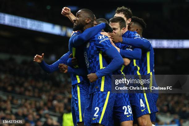 Antonio Ruediger of Chelsea celebrates with team mates after scoring their side's first goal during the Carabao Cup Semi Final Second Leg match...