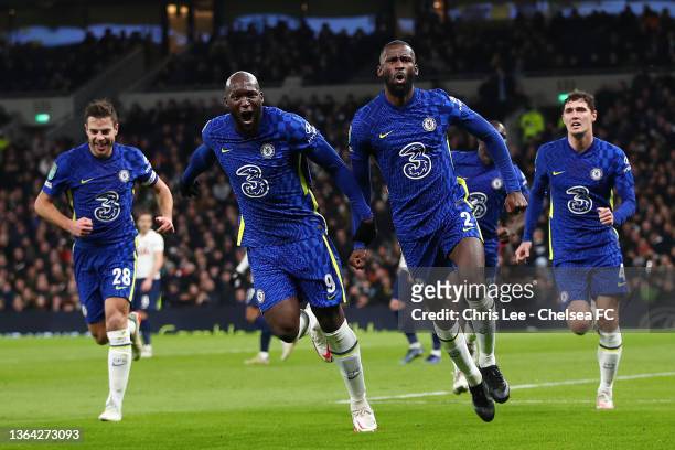 Antonio Ruediger of Chelsea celebrates with Romelu Lukaku after scoring their side's first goal during the Carabao Cup Semi Final Second Leg match...