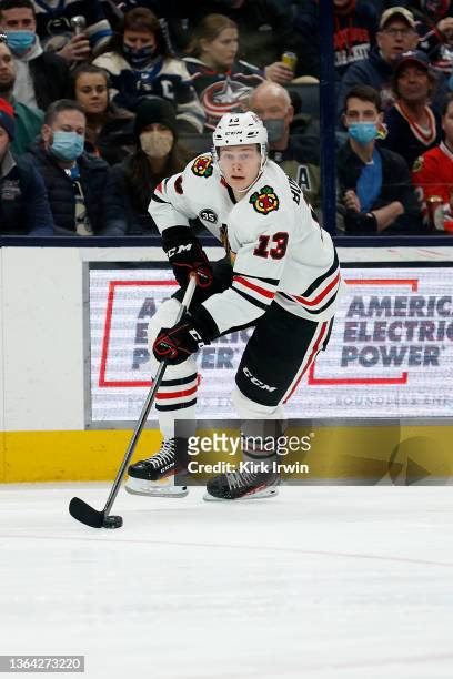 Henrik Borgstrom of the Chicago Blackhawks controls the puck during the game against the Columbus Blue Jackets at Nationwide Arena on January 11,...
