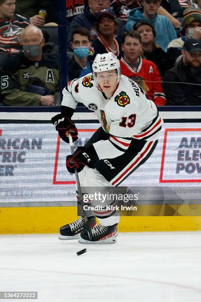 Henrik Borgstrom of the Chicago Blackhawks controls the puck during the game against the Columbus Blue Jackets at Nationwide Arena on January 11,...