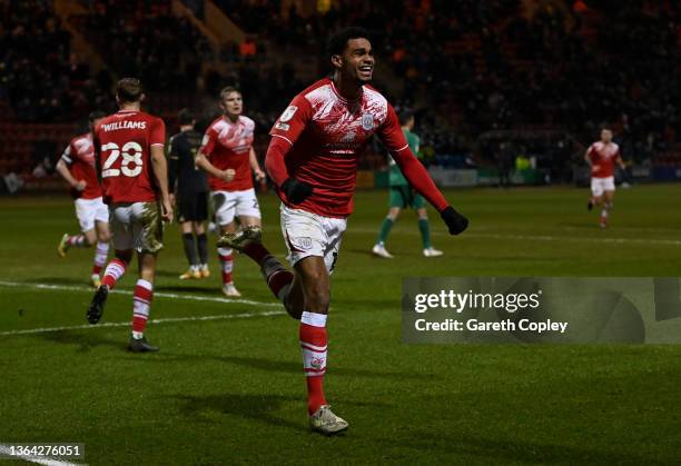 Mikael Mandron of Crewe celebrates scoring his team's second goal during the Sky Bet League One match between Crewe Alexandra and Charlton Athletic...