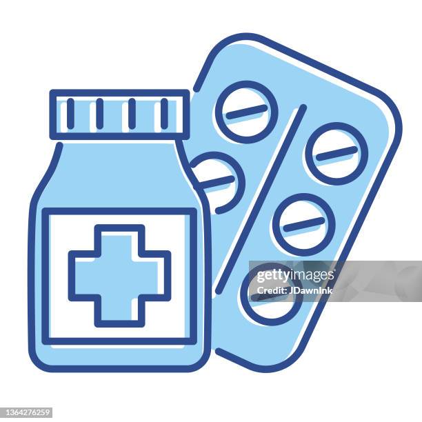 cold and flu virus medication thin line icon - editable stroke - pill bottle white background stock illustrations