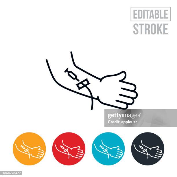 stockillustraties, clipart, cartoons en iconen met iv in arm of person thin line icon - editable stroke - infuus