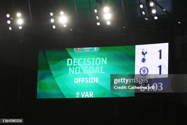 General view inside the stadium as the LED screen says the goal has been disallowed for offside by VAR during the Carabao Cup Semi Final Second Leg...