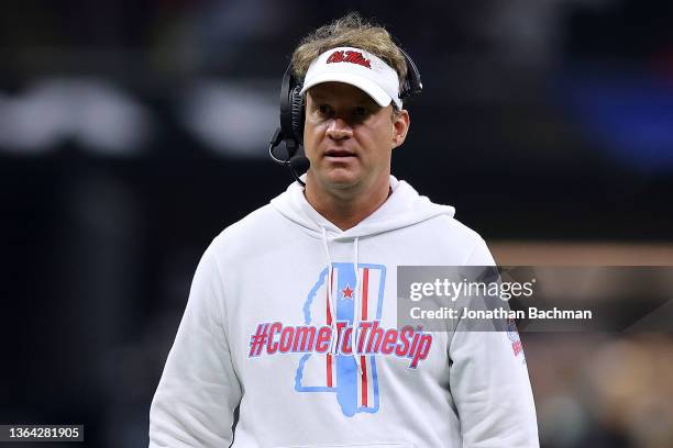 Head coach Lane Kiffin of the Mississippi Rebels reacts during the Allstate Sugar Bowl against the Baylor Bears at the Caesars Superdome on January...