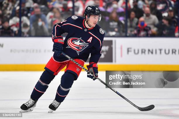 Zach Werenski of the Columbus Blue Jackets skates during the first period of a game against the New Jersey Devils at Nationwide Arena on January 8,...