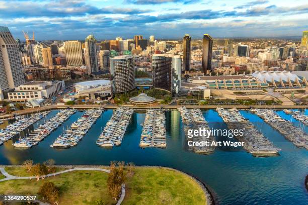 downtown san diego waterfront and marina aerial - comic con international 2016 in san diego stock pictures, royalty-free photos & images