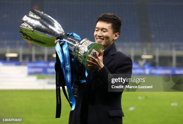 Steven Zhang, President of Inter Milan poses with the Italian Supercup trophy after the Italian Supercup match between Inter and Juventus at The San...