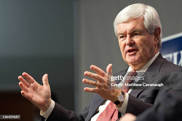 Republican presidential candidate, former Speaker of the House Newt Gingrich speaks during an interview at the New Hampshire Institute of Politics at...