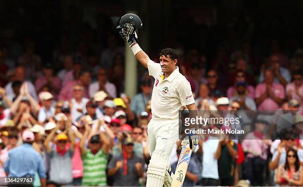 Michael Hussey of Australia celebrates his century during day three of the Second Test Match between Australia and India at Sydney Cricket Ground on...