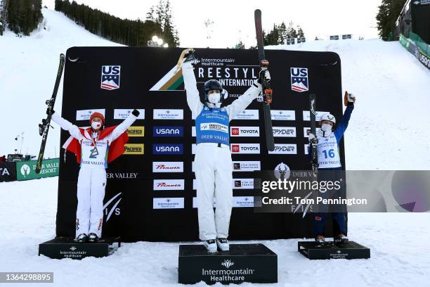 Fanyu Kong of Team China in second place, Laura Peel of Team Australia in first place, and Hanna Huskova of Belarus in third place, celebrate after...