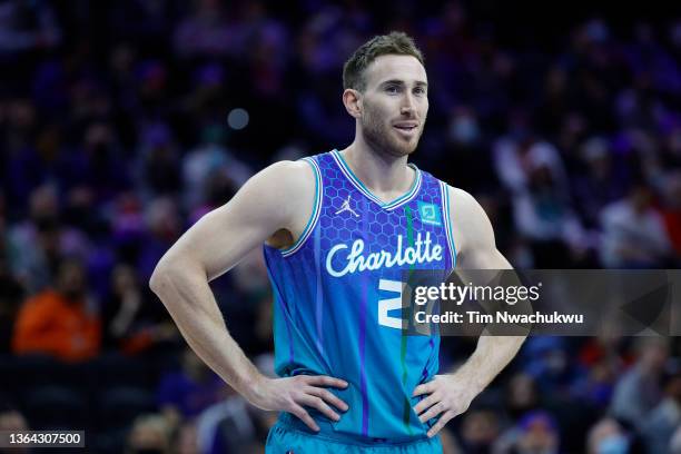 Gordon Hayward of the Charlotte Hornets looks on during the first quarter against the Philadelphia 76ers at Wells Fargo Center on January 12, 2022 in...