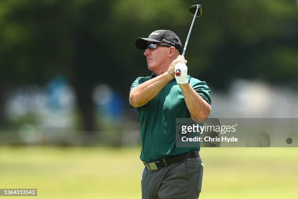 Peter Lonard plays a shot during day one of the 2021 Australian PGA Championship at Royal Queensland Golf Club on January 13, 2022 in Brisbane,...