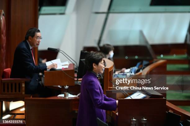 Hong Kong Chief Executive Carrie Lam Cheng Yuet-ngor attends a question and answer session during the first meeting of Hong Kong's seventh-term...