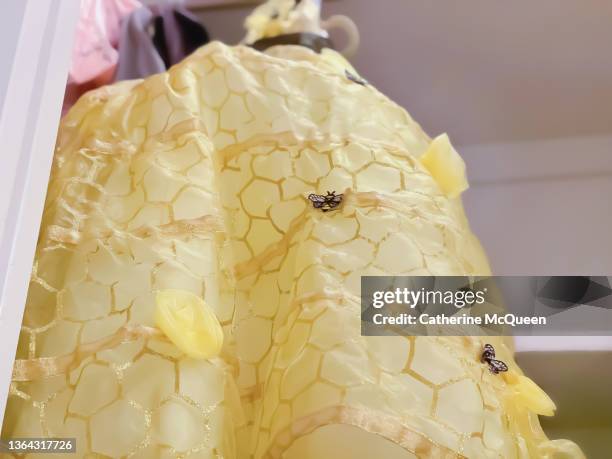 fancy bee costume dress hanging in young girl’s closet - petticoat stockfoto's en -beelden