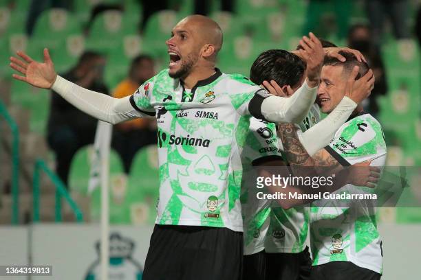 Matheus Doria of Santos celebrates the first goal of his team during the 1st round match between Santos Laguna and Tigres UANL as part of the Torneo...