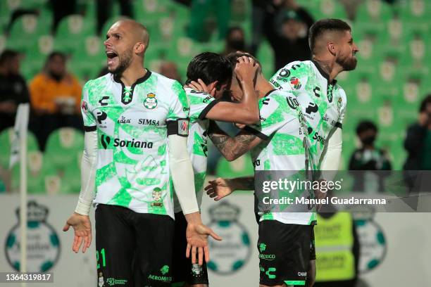 Matheus Doria of Santos celebrates the first goal of his team during the 1st round match between Santos Laguna and Tigres UANL as part of the Torneo...