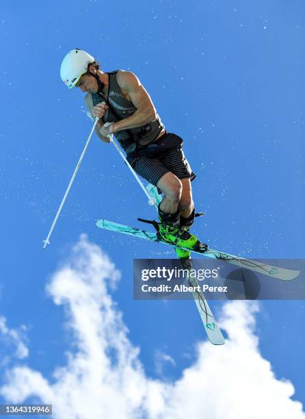 Australian moguls skier Matt Graham practices at the Sleeman Centre Henke Water Ramp on January 13, 2022 in Brisbane, Australia.