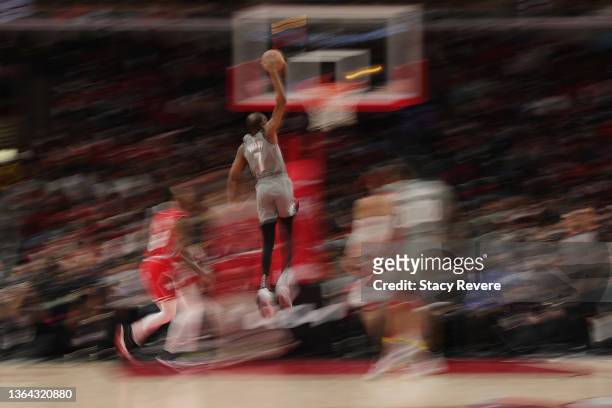 Kevin Durant of the Brooklyn Nets dunks during the first half of a game against the Chicago Bulls at United Center on January 12, 2022 in Chicago,...