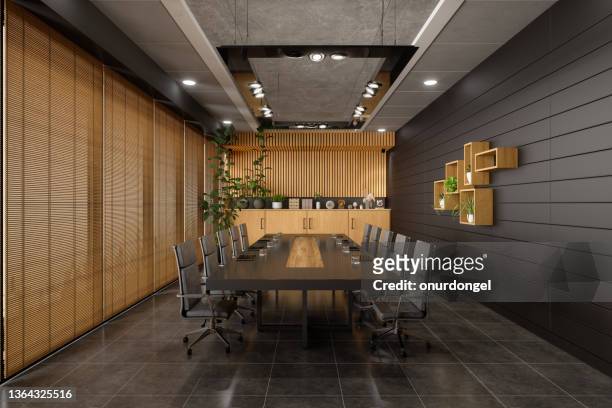 modern board room interior with leather chairs, wooden cabinets, tiled floor and digital tablets on table - board room background stock pictures, royalty-free photos & images