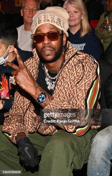 Rapper 2 Chainz attends the game between the Miami Heat and the Atlanta Hawks at State Farm Arena on January 12, 2022 in Atlanta, Georgia.
