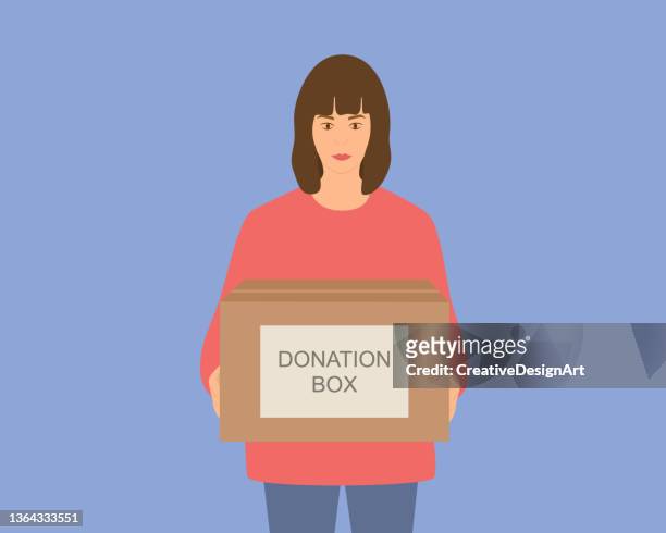 donation concept with volunteer woman holding donation box - sponsorship package stock illustrations