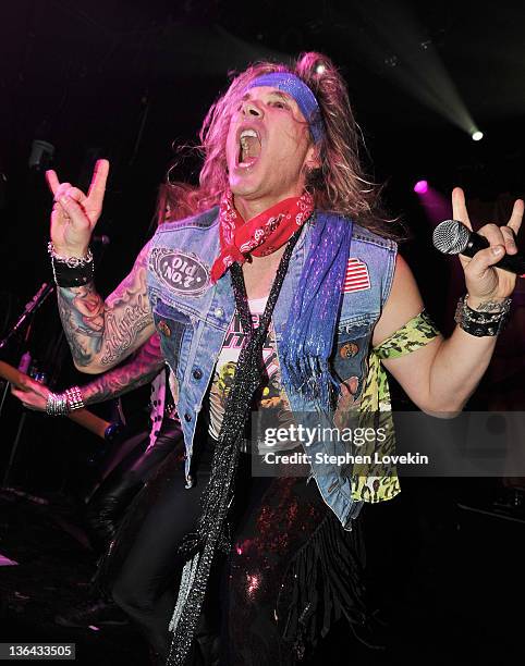 Singer Michael Starr of Steel Panther performs at Irving Plaza on January 4, 2012 in New York City.