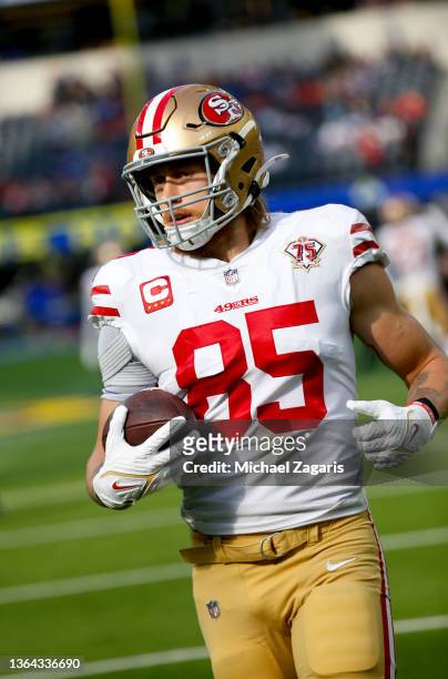 George Kittle of the San Francisco 49ers on the field before the game against the Los Angeles Rams at SoFi Stadium on January 9, 2022 in Inglewood,...