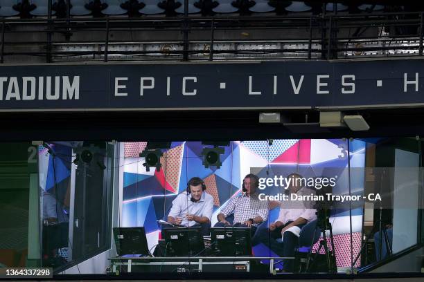 Commentators Adam Gilchrist, Michael Hussey and Andrew Simmonds are seen during the Men's Big Bash League match between the Sydney Thunder and the...