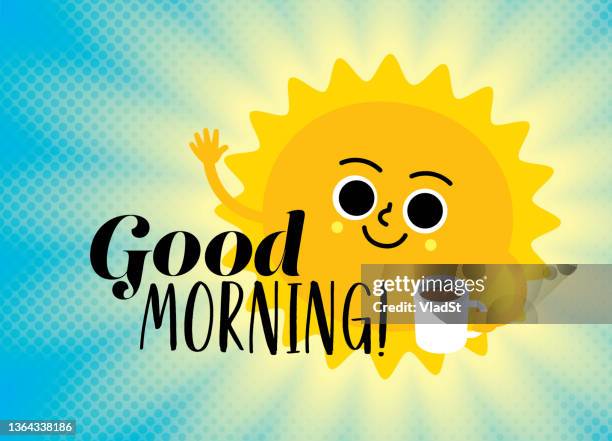 bildbanksillustrationer, clip art samt tecknat material och ikoner med good morning sun with cup of coffee meme quotes motivational card - waking up