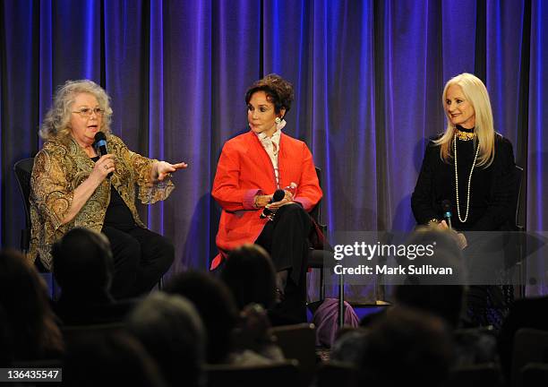 Actors Jan Shepard, Mary Ann Mobley and Celeste Yarnall onstage during Elvis At The Movies at The GRAMMY Museum on January 4, 2012 in Los Angeles,...