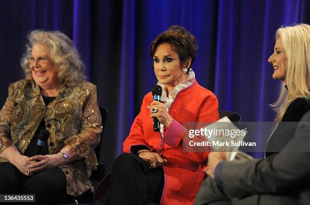 Actors Jan Shepard, Mary Ann Mobley and Celeste Yarnall onstage during Elvis At The Movies at The GRAMMY Museum on January 4, 2012 in Los Angeles,...